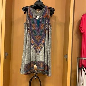 Aztec Print Dress w Feather Turquoise charm